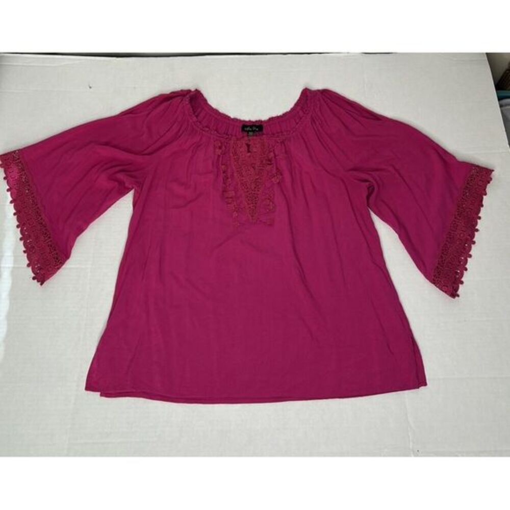 Melissa Paige Women's Size XL Pink Tunic Top Blouse 3/4 Bell Sleeves Lace Trim‎